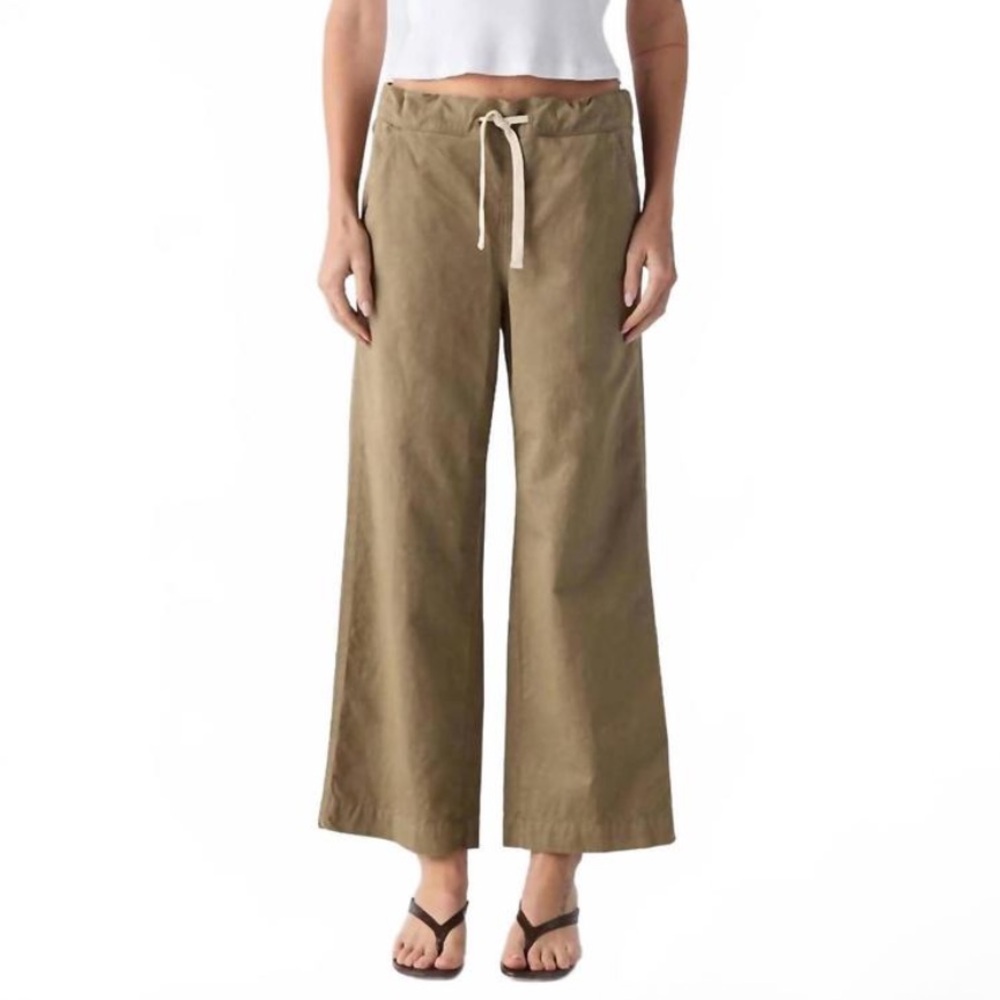 AMO Marian Wide Leg Linen-Blend Drawstring Elastic Waist Pant Thyme Small‎